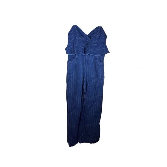 Anthro ett:twa Jumpsuit Womens Blue Denim Size SP Peplum Ruffled Striped Boho - Picture 5 of 13